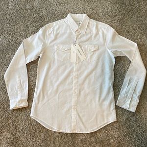 Calvin Klein Solid Button Down Shirt Small White Stretch Linen 2 Pocket